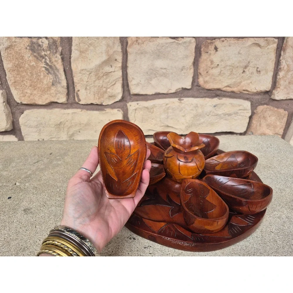 Vintage Hand Carved Wood Snack Serving‎ Set Tray Bowls Mid Century Boho
